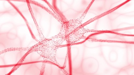 Artistic red colored Neurons in brain on white abstract motion background.