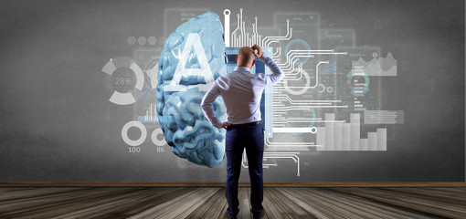 Businessman in front of a wall with Artificial intelligence icon with half brain and half circuit  3d rendering