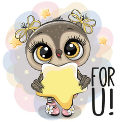 Cartoon Owl girl with star on the stars background
