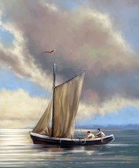 Paintings sea landscape, fine art, old ship on the sea