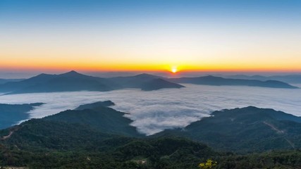 Time lapse of sunrise and morning fog.