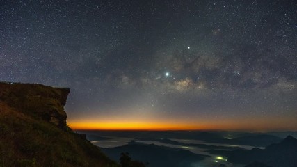 Time lapse of Milky way and star at night in Phu chi fa, Chiang rai, Thailand.