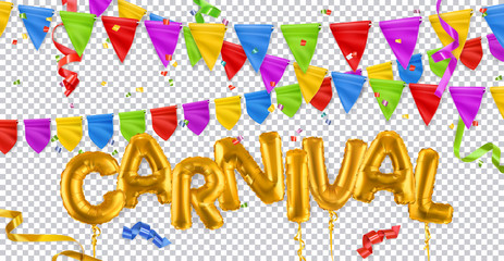 Holiday decoration. Carnival, gold toy balloons, flags, ribbons, confetti. 3d vector realistic set. Isolated on transparent background