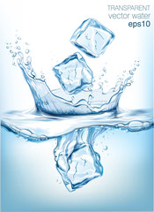 Transparent vector water splash and ice cubes on light background