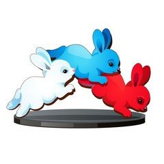 Statuette in the form of three jumping hares colors of the Russian flag of the tricolor isolated on white background. Vector cartoon close-up illustration.