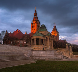 The historic and representative part of Szczecin in Poland against the evening sky