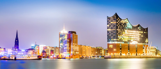 Elbphilharmonie and Hamburg harbor at night