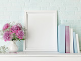 Mock up poster, hipster background, flowers and books, 3d render, 3d illustration