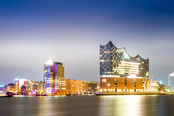 Elbphilharmonie and Hamburg harbor at night