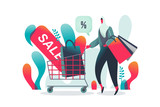 Muslim Women Shopping activity. Flat illustration