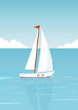 Sailboat in the open sea on the background of clouds and seagulls. Vector illustration
