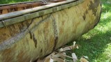Native American birch bark canoe, with wood shavings.