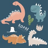childish dinosaur vector set for fashion clothes, fabric, t shirts. hand drawn vector with lettering
