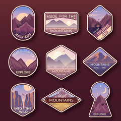 Set of nine mountain travel emblems. Camping outdoor adventure emblems, badges and logo patches. Mountain tourism, hiking. Forest camp labels in vintage style