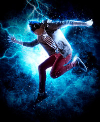 Man break dancing on electricity light background