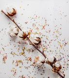 cotton branch with lavender leaves and petals