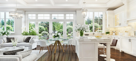 Luxury interior with white kitchen and living room