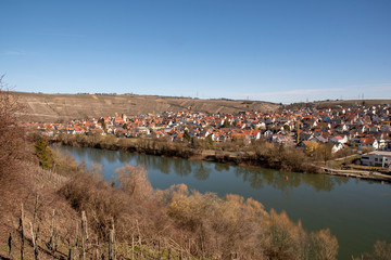 View over the Neckarschleife and Hessigheim under a blue sky