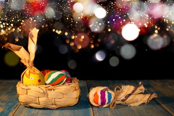  beautiful colorful, painted Easter eggs on a shiny background 