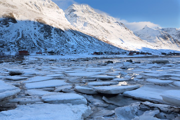 Eis im Fjord auf den Lofoten, Norwegen