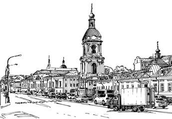 City street scene. Engrave sketch style illustration.