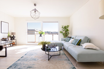 Modern living room with designer sofa and coffee table