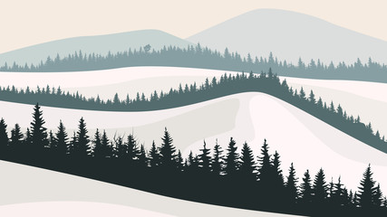 Illustration of winter coniferous forest with mountains.