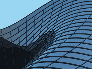 3D stimulate of high rise curve glass building and dark steel window system on blue clear sky background,Business concept of future architecture,lookup to the angle of the corner building.