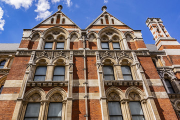 Architectural fragments of Royal Courts of Justice Complex. Royal Courts of Justice in the Victorian Gothic style (or Law Courts, was opened in December 1882) in London, UK.