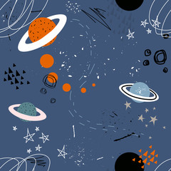 Stars, planets, constellations, seamless pattern vector. Hand drawn backdrop, night sky. Colorful overlapping background, outer space. Decorative wallpaper, good for printing for observatory