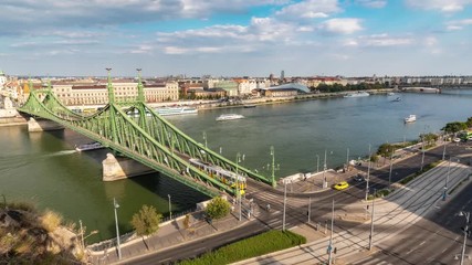 Traffic at the Liberty Bridge in Budapest - daylight time lapse (wide open shot)