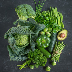 Green vegetables and herbs selection