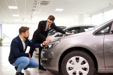  Customer and salesman choose a car in the showroom