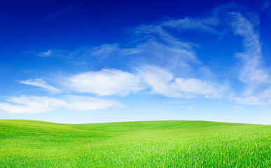 Idyllic view, green hills and blue sky