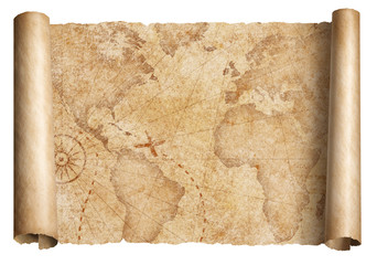 Vintage world map scroll isolated on white. Based on image furnished from NASA.