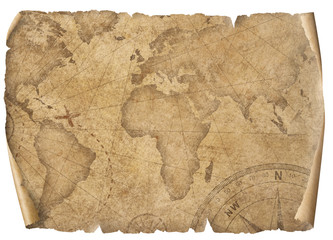 Vintage world map parchment isolated on white. Based on image furnished from NASA.