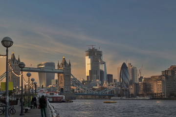 View of the Tower Bridge from the embankment at sunset