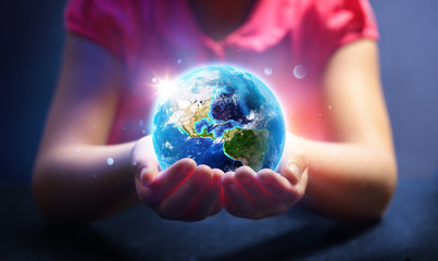 Child Hold World - Magic Of Life - Earth Day Concept - 3d Rendering - Usa elements of this image furnished by NASA