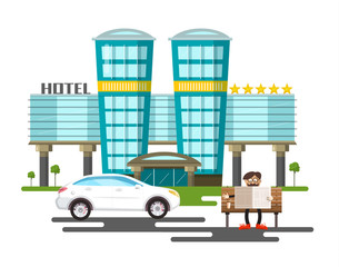 Five Stars Modern Hotel Building with White Car and Man Reading Newspapers Vector Design
