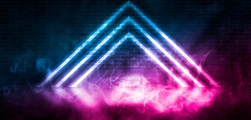 Background empty scene, room. Reflection on wet asphalt, concrete. Neon blurry lights. Neon triangle in the center, smoke
