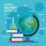 erlenmeyer flask with books and desk earth planet