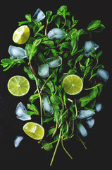 Mojito coctail ingredients with fresh mint leaves and lime slices on a black background