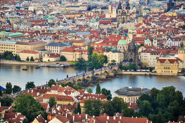 Panorama Of Prague Old Town And Vltava River, Czech Republic.