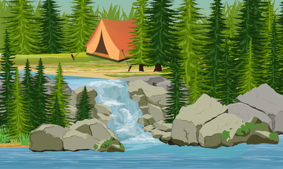 Tent near a small waterfall in the fir forest. Hiking and camping. Nature of Great Britain, Canada, Europe, USA and Scandinavia. Realistic Vector Landscape