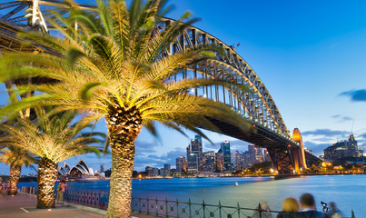 SYDNEY - NOVEMBER 6, 2015: Beautiful view of Sydney Harbor Bridge at dusk. Sydney attracts 20 million tourists every year