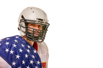 Football Player with uniform and a american flag on his shoulders proud of his country, on a white background.