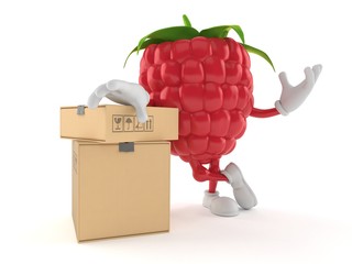 Raspberry character with stack of boxes