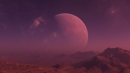 3d rendered Space Art: Alien Planet - A Fantasy Landscape with red skies and foggy sky