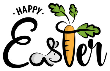 Happy easter hand drawn calligraphy with easter bunny isolated