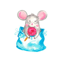 Watercolor illustration of a gray mouse on a white isolated background Hand-painted symbol of the year